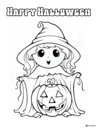 Happy Halloween Girl Coloring Page in Witch Hat and Pumpkin