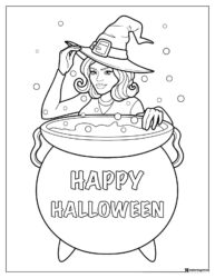 Happy Halloween Witch Coloring Page with Cauldron and Bubbles