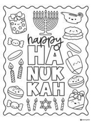 Happy Hanukkah Coloring Page with Cute Holiday Icons