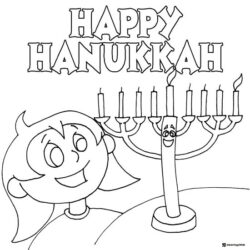 Happy Hanukkah Coloring Page with Girl and Smiling Menorah