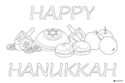 Happy Hanukkah Coloring Sheet with Dreidels and Holiday Snacks