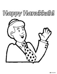 Happy Hanukkah Greeting Coloring Page with Waving Boy