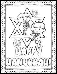 Happy Hanukkah Kids Coloring Page with Star and Dreidels