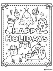 Happy Holidays Coloring Page with Tree and Christmas Icons