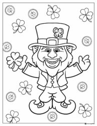 Happy Leprechaun Coloring Page with Shamrocks and Coins