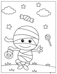 Happy Mummy Coloring Page with Candy and Trick or Treat Bag