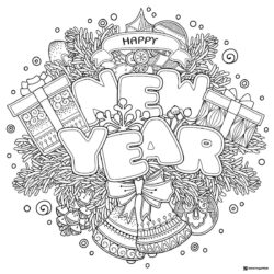 Happy New Year Coloring Page with Gifts and Christmas Bells