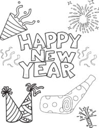 Happy New Year Coloring Page with Hats Horns and Fireworks