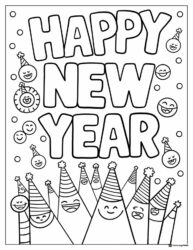 Happy New Year Coloring Page with Party Hats and Faces