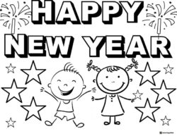 Happy New Year Coloring Page with Smiling Kids and Fireworks