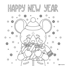 Happy New Year Mouse Coloring Page with Gifts and Snowflakes