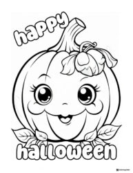 Happy Pumpkin Coloring Page with Big Eyes and Leaf Vines