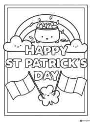 Happy St. Patricks Day Coloring Page with Flags and Rainbow