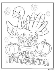 Happy Thanksgiving Coloring Page with Corn and Pumpkins