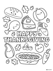 Happy Thanksgiving Coloring Page with Feast and Fall Details