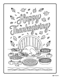 Happy Thanksgiving Dinner Coloring Page with Table Feast