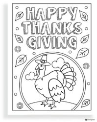 Happy Thanksgiving Turkey Coloring Page with Falling Leaves