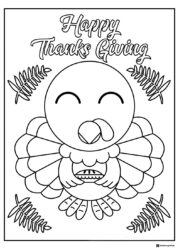 Happy Thanksgiving Turkey Coloring Page with Pie and Leaves