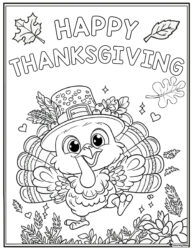 Happy Turkey Coloring Page with Decorative Hat and Leaves