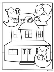 Haunted House Coloring Page with Cute Flying Ghosts