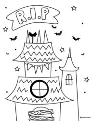 Haunted Tower Coloring Sheet with Bats and RIP Banner
