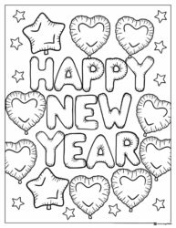 Heart and Star Balloons Happy New Year Coloring Page