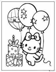 Hello Kitty Birthday Coloring Page with Balloons and Candle