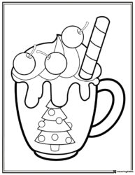 Holiday Mug Coloring Sheet with Tree Design and Whipped Cream Topping