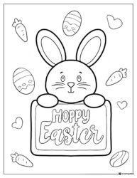 Hoppy Easter Bunny Coloring Page with Carrots and Eggs