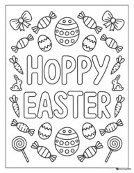 Hoppy Easter Coloring Page with Eggs Candy and Carrots