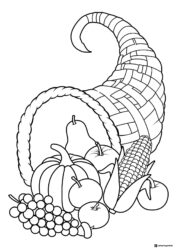 Horn of Plenty Coloring Page with Fruits Corn and Pumpkin