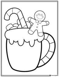 Hot Chocolate Mug Coloring Page with Candy Cane and Gingerbread Cookie
