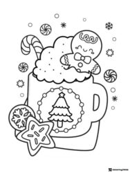 Hot Cocoa Coloring Page with Gingerbread Man and Candy Details