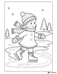 Ice Skating Girl Coloring Page with Trees and Snowflakes