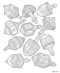 Intricate Dreidel Coloring Page with Stylized Hebrew Letters