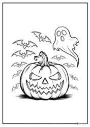 Jack o Lantern Coloring Page with Ghost and Flying Bats