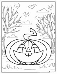 Jack o Lantern Coloring Sheet with Trees Bats and Clouds