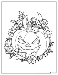 Jack o Lantern with Skull and Flowers Coloring Sheet
