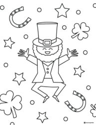Jumping Leprechaun Coloring Page with Shamrocks and Stars