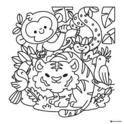 Jungle Animals Coloring Page with Monkey Tiger and Snake