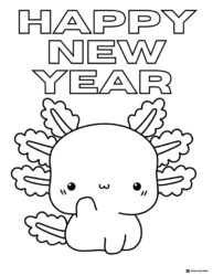 Kawaii Axolotl Coloring Sheet with Happy New Year Text