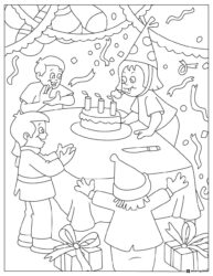 Kids Birthday Party Coloring Page with Cake and Confetti
