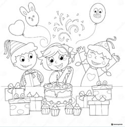 Kids Birthday Party Coloring Page with Cake and Presents