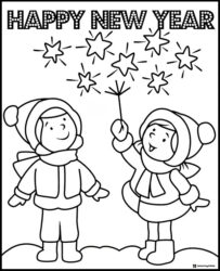 Kids Coloring Page with Sparklers and Happy New Year Text