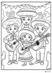 Kids Mariachi Band Coloring Page with Guitars and Hats