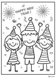 Kids Party Coloring Page with Hats and Fireworks for New Year