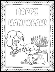 Kids Playing Dreidel Coloring Sheet with Lit Menorah Table