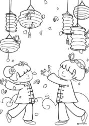 Kids Under Lanterns Coloring Page with Confetti and Smiles