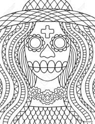 La Catrina Coloring Page with Patterned Hair and Hat
