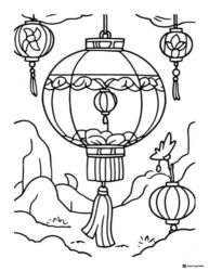 Lantern Display Coloring Page with Hanging Decor and Mountains